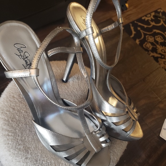 Silver Open Peep Toe High Heels - Picture 2 of 5